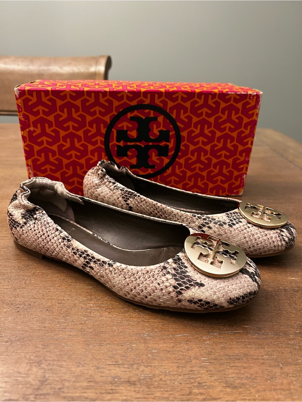 Tory Burch Neutral Snake-Print Reva Logo Ballerina Flats